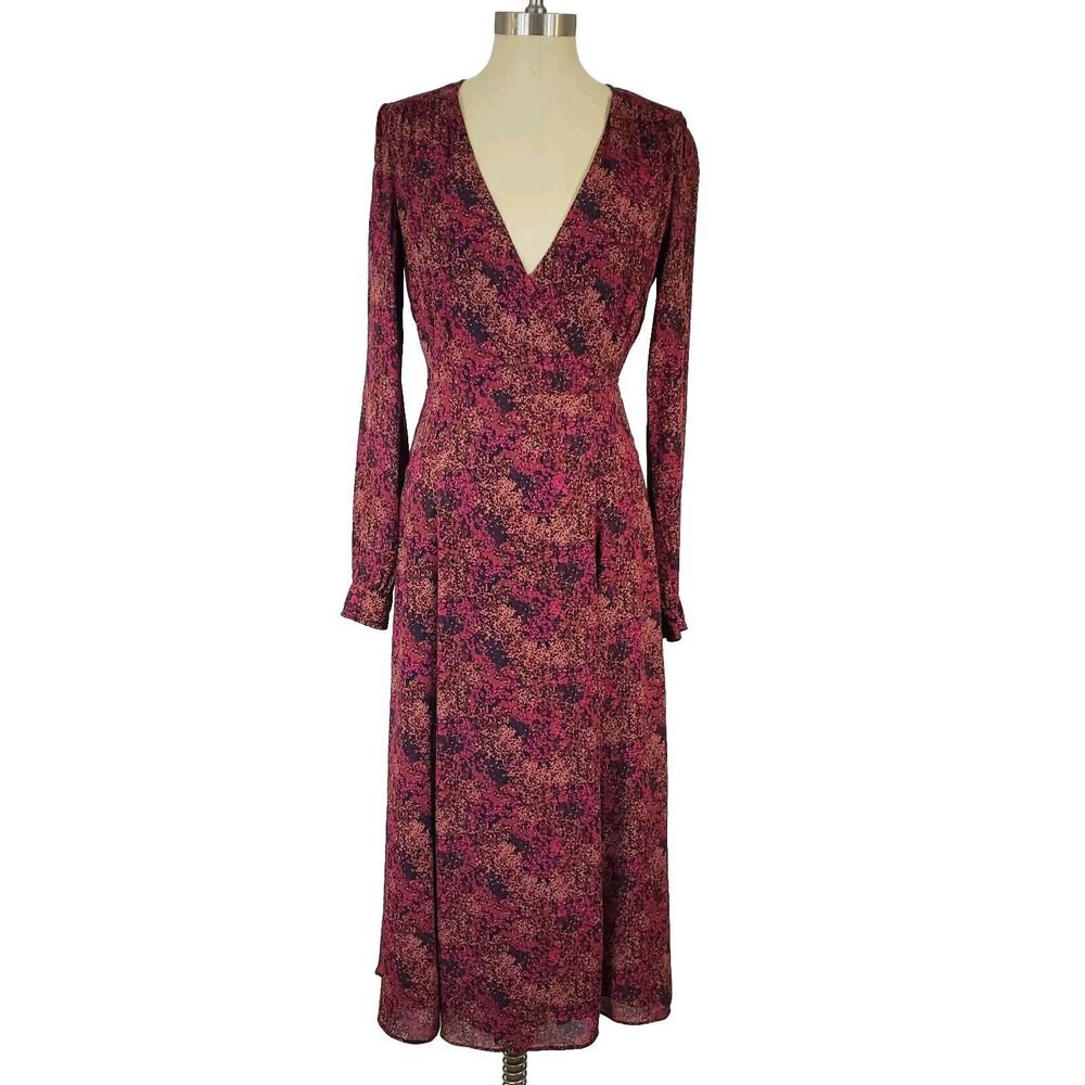 Wilfred Aritzia Floral Printed Wrap Dress Midi Longsleeve Sz S Pink Burgundy
